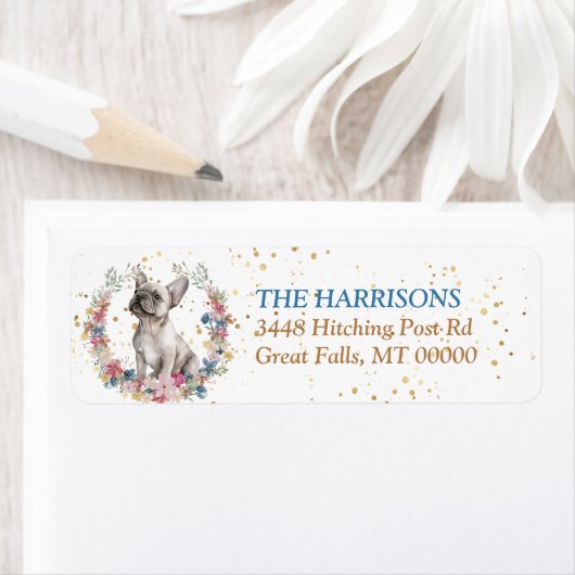 Creamy White French Bulldog Spring Flowers Wreath ラベル (インサイチュ)