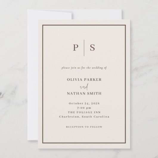 Creamy White Minimal and Chic Brown Border Wedding 招待状 (正面)