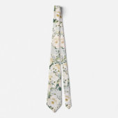 Creamy White Peony Wedding Sage Green Floral ネクタイ (正面)