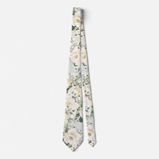 Creamy White Peony Wedding Sage Green Floral ネクタイ (正面)
