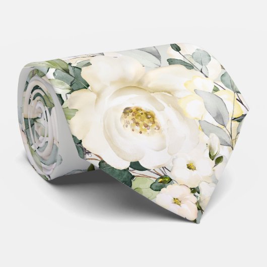 Creamy White Peony Wedding Sage Green Floral ネクタイ (ロール)