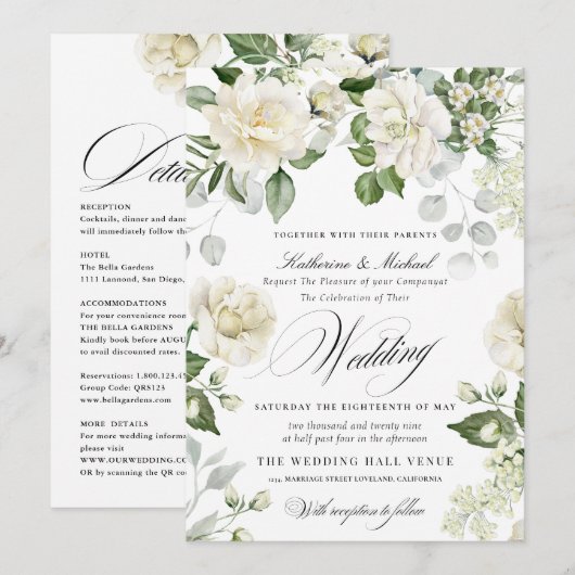 CreamyFloral Eucalyptus Script Calligraphy Wedding 招待状 (正面/裏面)