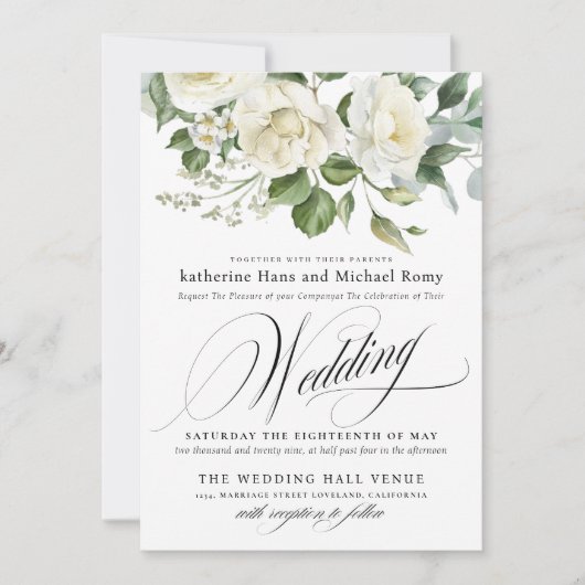 CreamyFloral Eucalyptus Script Calligraphy Wedding 招待状 (正面)
