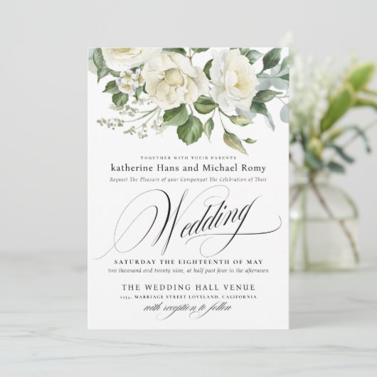 CreamyFloral Eucalyptus Script Calligraphy Wedding 招待状 (スタンド正面)