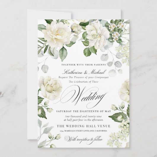 CreamyFloral Eucalyptus Script Calligraphy Wedding 招待状 (正面)
