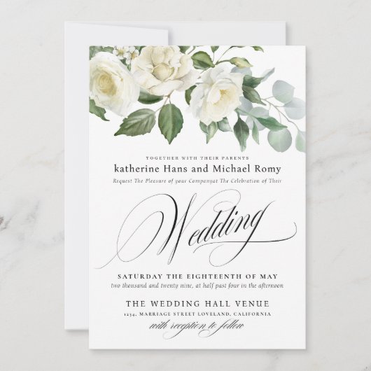 CreamyFloral Eucalyptus Script Calligraphy Wedding 招待状 (正面)