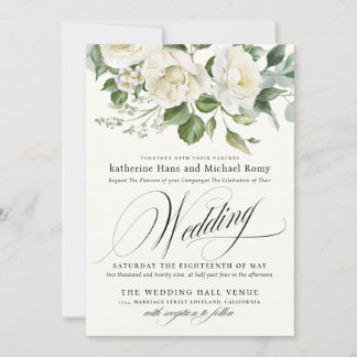 CreamyFloral Eucalyptus Script Calligraphy Wedding 招待状