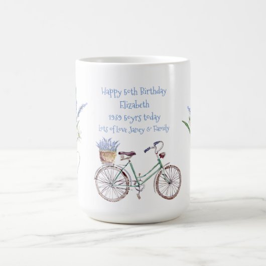 CREATE YEAR生まれ誕生日ギフト女性ラベンダーブルー コーヒーマグカップ (中央)