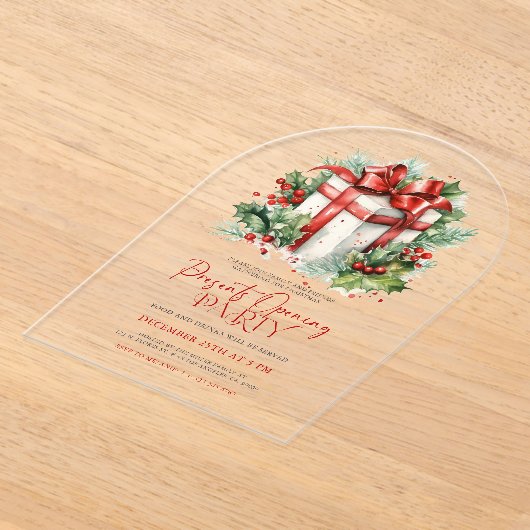 Create Your Christmas Present Opening Party Invite アクリル招待状 (レイダウン)