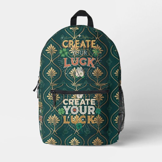 Create Your Luck – Elegant Green & Gold Motivation プリントバックパック (正面)