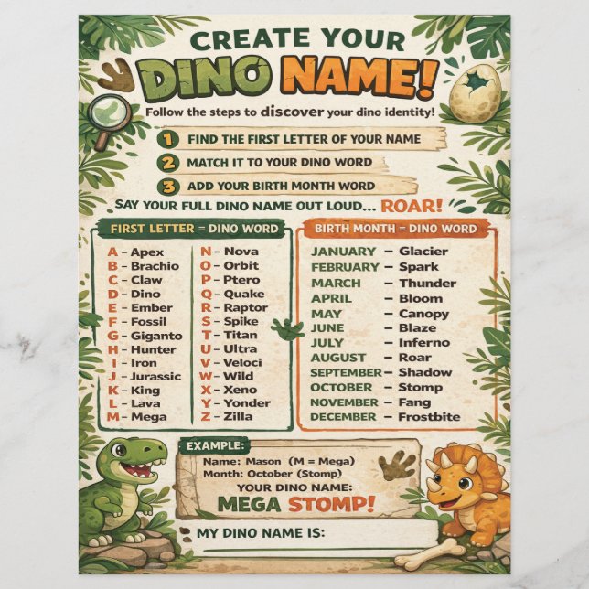Create Your Name Dinosaur Party Game (正面)
