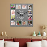 Create Your Own 12 Photo Collage Frame Gray スクエア壁時計<br><div class="desc">Create your own photo collage wall clock with 12 of your favorite pictures. The photo frame clock helps you treasure your special moments and also makes a thoughtful gift for parents, grandparents and friends. The personalized family clock makes it a perfect gift for all occasions. Personalize with family name and...</div>