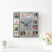 Create Your Own 12 Photo Collage Rustic Gray Wood スクエア壁時計 (ホーム)
