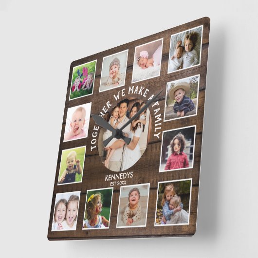 Create Your Own 13 Photo Collage Rustic Dark Wood  スクエア壁時計 (傾斜)