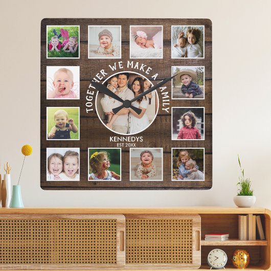 Create Your Own 13 Photo Collage Rustic Dark Wood スクエア壁時計