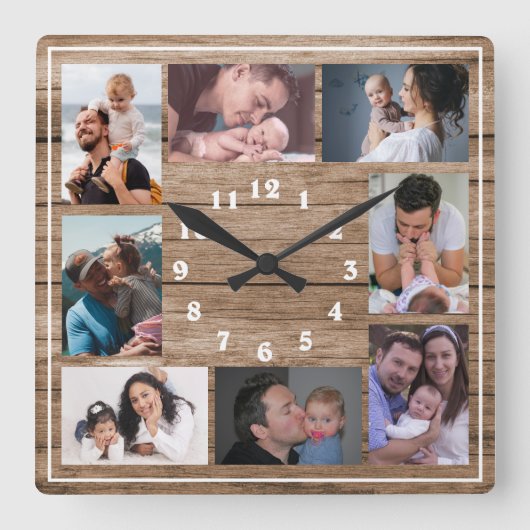 Create Your Own 8 Photo Collage Rustic Wood   スクエア壁時計 (正面)