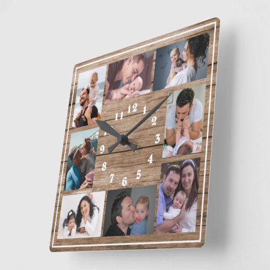 Create Your Own 8 Photo Collage Rustic Wood   スクエア壁時計 (傾斜)