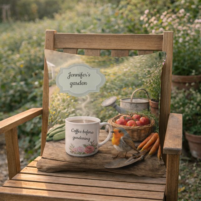 Create your own coffee before gardenening garden アウトドアクッション (Create your own coffee before gardenening garden outdoor pillow. You can add your own name and text.)