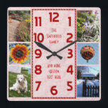Create Your Own Deco 6 Photo Collage Pink Marbled スクエア壁時計<br><div class="desc">Make your own personalized photo collage clock with this easy template. This square clock has red numbers lined up in the middle in a deco-style long rectangle and a pink, slightly marbled background. Along the edges, there's room for you to add six of your own favorite photographs: 4 5x7 and...</div>