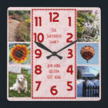 Create Your Own Deco 6 Photo Collage Pink Marbled スクエア壁時計<br><div class="desc">Make your own personalized photo collage clock with this easy template. This square clock has red numbers lined up in the middle in a deco-style long rectangle and a pink, slightly marbled background. Along the edges, there's room for you to add six of your own favorite photographs: 4 5x7 and...</div>