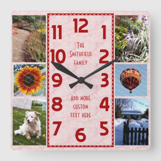 Create Your Own Deco 6 Photo Collage Pink Marbled スクエア壁時計 (正面)