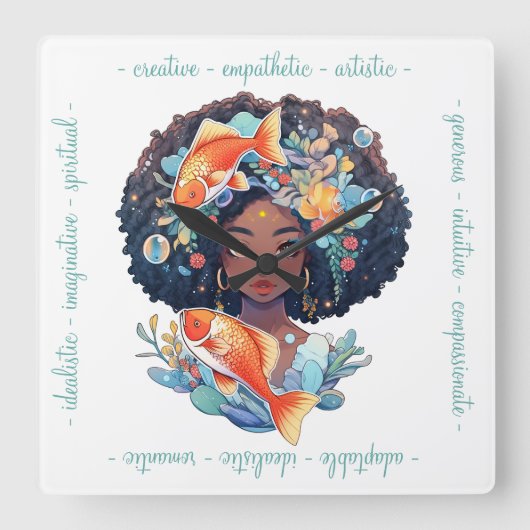 Create Your Own Elegant Black & White Pisces スクエア壁時計 (正面)