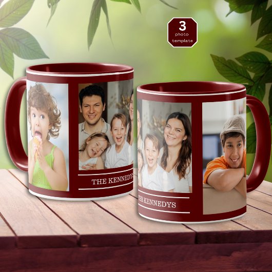 Create Your Own Family Name 3 Photo Collage Maroon マグカップ