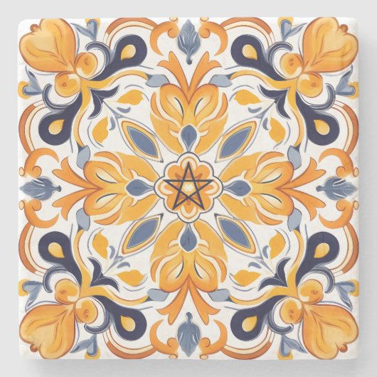 Create Your Own Faux Painted Fiery Blue Floral ストーンコースター (正面)