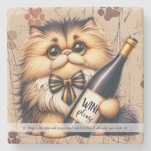 Create Your Own Funny Mr Kitty Calico Cat Wine ストーンコースター (正面)