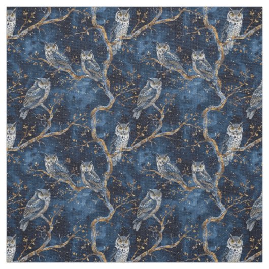 Create Your Own Mystical Blue Gold Winter Owls ファブリック (見本)
