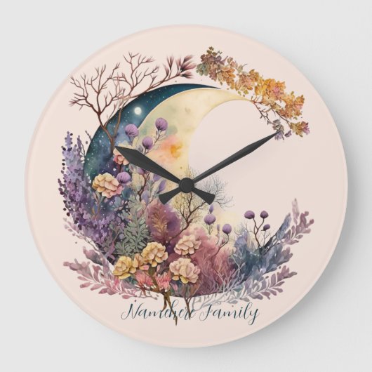 Create Your Own Mystical Floral Crescent Moon ラージ壁時計 (正面)