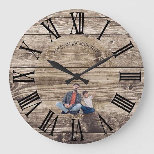 Create Your Own Photo Rustic Wood Clock ラージ壁時計