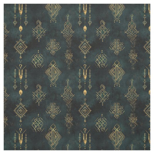 Create Your Own Teal Gold Arcane Symbols Black ファブリック (見本)