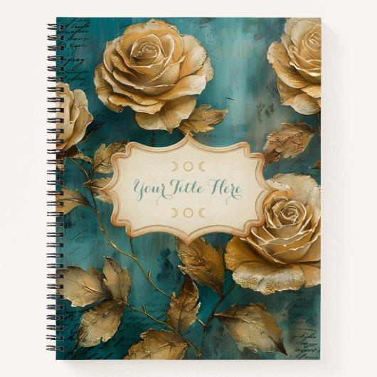 Create Your Own Teal & Gold Roses Floral ノートブック (正面)