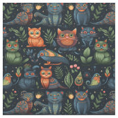 Create Your Own Wild Goblin Cats Birds Black ファブリック (クローズアップ)