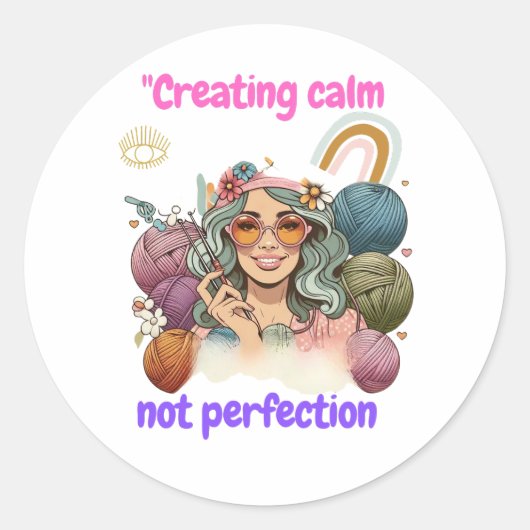 Creating calm, not perfection - Retro knitting gir ラウンドシール (正面)