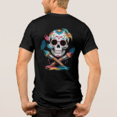 Creative Sugar Skull and Crossed Paint Brushes Art トライブレンドＴシャツ (裏面)