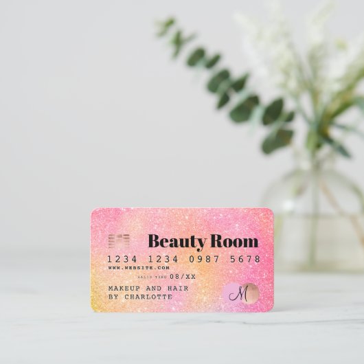 Credit card pink glitter chic beauty monogram 名刺 (スタンド正面)