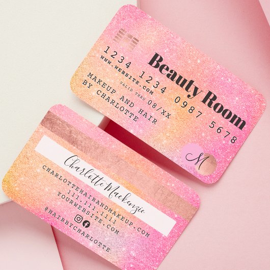 Credit card pink glitter chic beauty monogram 名刺