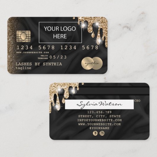 Credit Card Styledあなたのロゴを追加ドリップ金ゴールド絹 名刺 (正面/裏面)