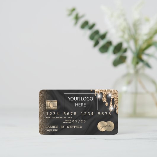 Credit Card Styledあなたのロゴを追加ドリップ金ゴールド絹 名刺 (スタンド正面)