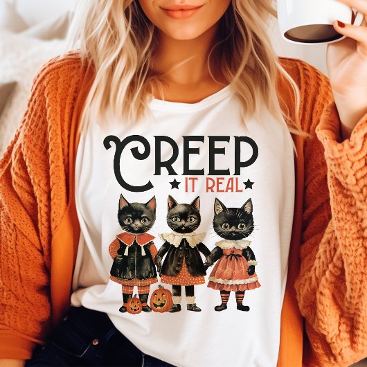 Creep It Real 黒猫 ビンテージ ハロウィン トライブレンドTシャツ