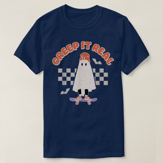 Creep It Real Ghost Skateboard Halloween Bat Check Tシャツ (デザイン正面)