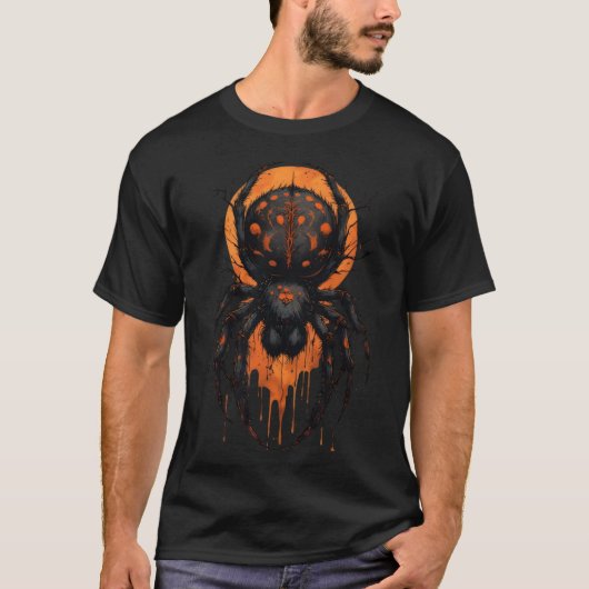 Creepy Black & Orange Spider Halloween Tシャツ (正面)