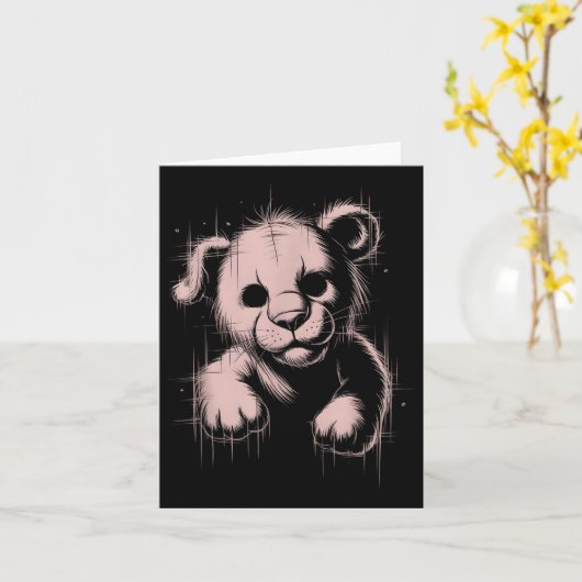 Creepy Cute Goth Teddy Lion Horror Sketch Nge Bear カード (黄色い花)