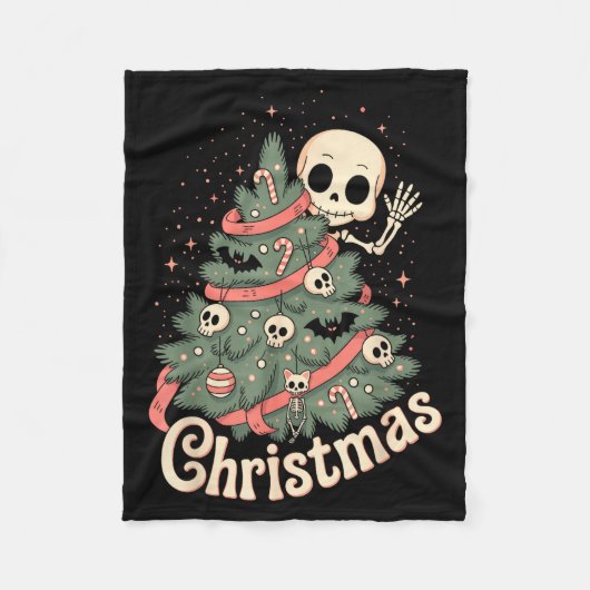 Creepy Cute Kawaii Skeleton Christmas Tree Skull B フリースブランケット (正面)
