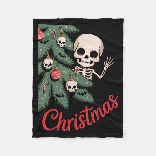 Creepy Cute Kawaii Skeleton Christmas Tree Skull B フリースブランケット (正面)