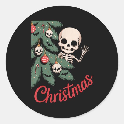 Creepy Cute Kawaii Skeleton Christmas Tree Skull B ラウンドシール (正面)