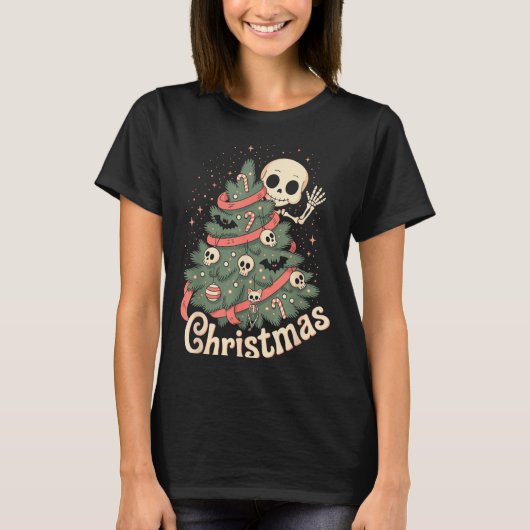 Creepy Cute Kawaii Skeleton Christmas Tree Skull B Tシャツ (正面)