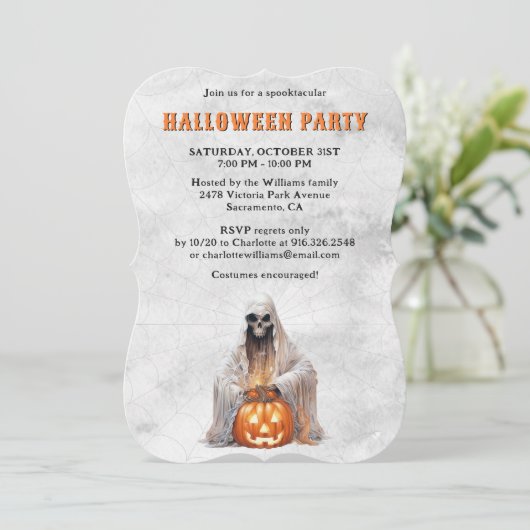 Creepy Ghost Cobweb Pumpkin Halloween Party 招待状 (スタンド正面)